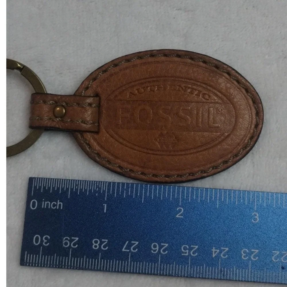 Fossil Brown Leather Oval‎ Logo Fob Brass Skeleton Key Bag Charm Keychain